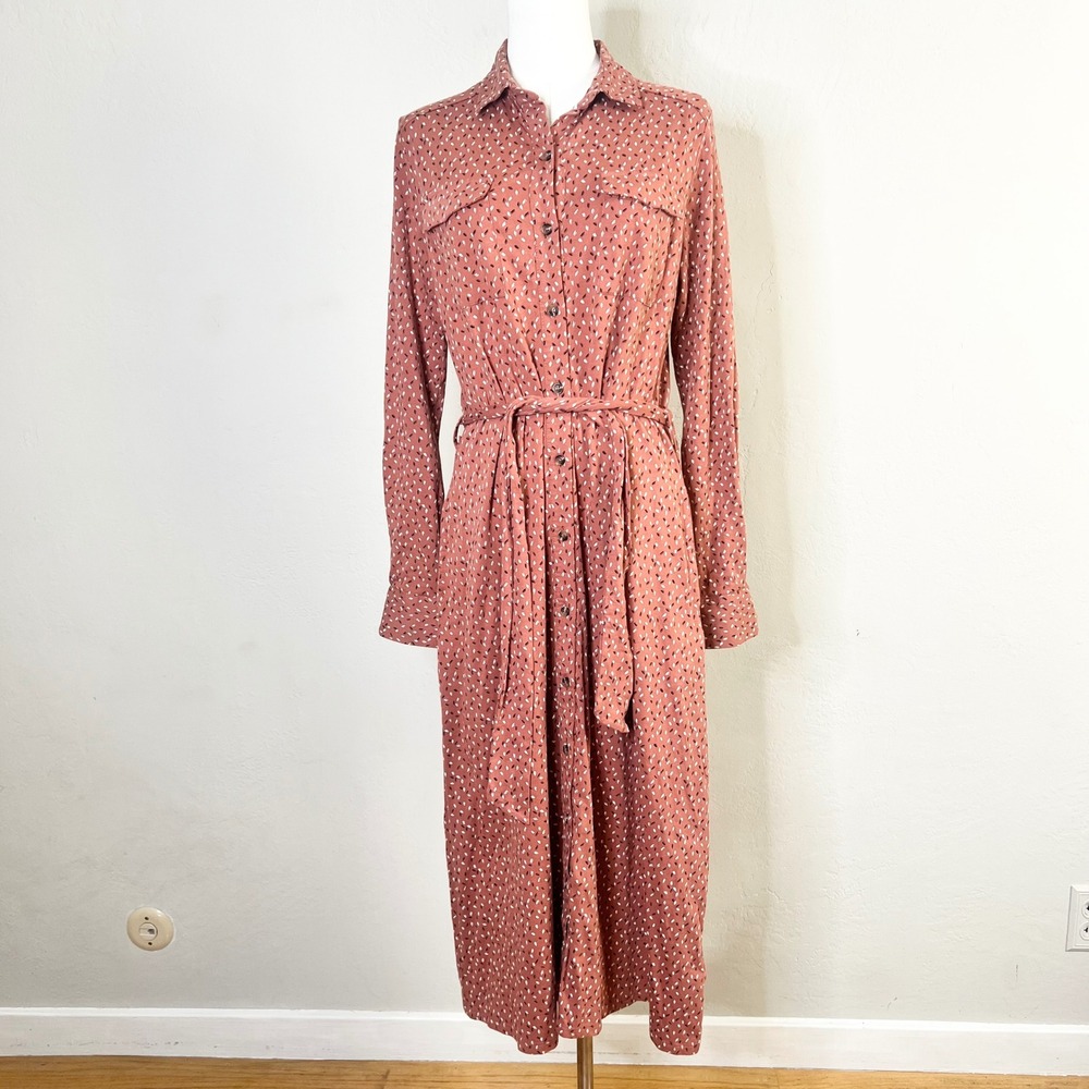 FatFace Shirt Dress Midi Size‎ 6 Rust Orange Abstract Belted Long Sleeve Cotton